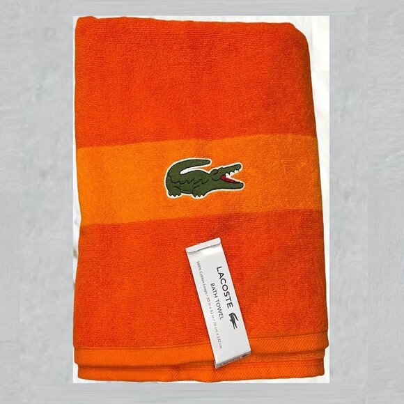LACOSTE Orange Big Crocodile Bath Towel Measures 30" x 52" - Picture 2 of 3